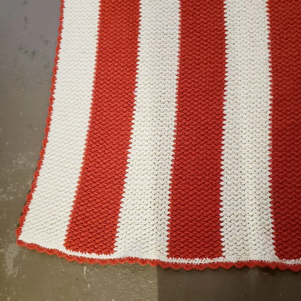 Vintage Afghan Throw Blanket Orange White Striped Fall Halloween MCM